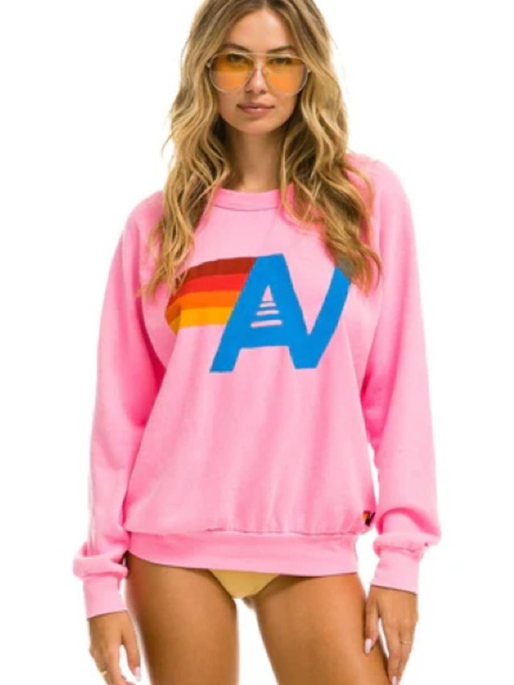 Aviator Nation Pink Pullover Sweatshirt with Blue 'A' and Rainbow Stripe